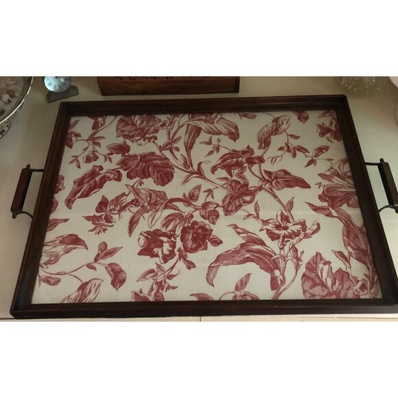 Wood Frame Antique Vintage Glass Serving Tray Red Flower Pattern Print - Picture 15 of 15